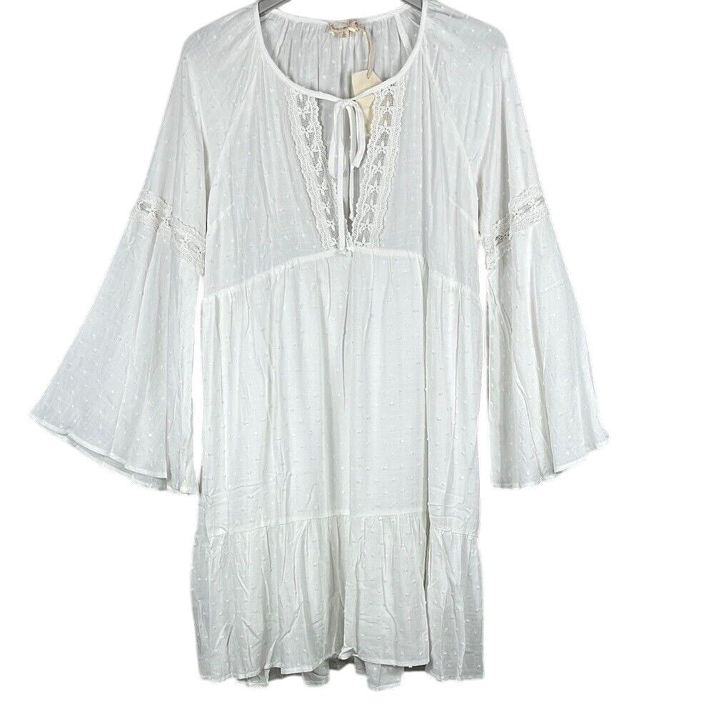 Hem & Thread Long Bell Sleeve Bohemian‎ Dress Womens Size Large White Lined NWT